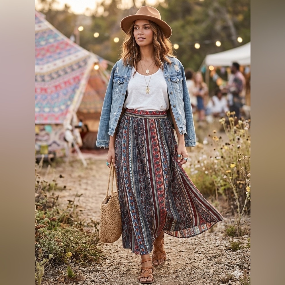 Rebel Sugar Striped Maxi Skirt Red Blue Brown Size Small